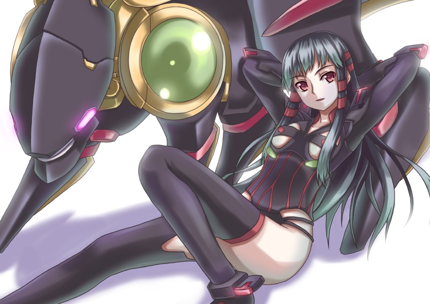 1girl :d akiyasu ar_tonelico ar_tonelico_ii armor arms_behind_head black_hair black_thighhighs breasts clothing_cutout elma-dsrx from_side glowing glowing_eyes highleg highleg_leotard jakuri_(ar_tonelico) knee_up leotard long_hair looking_at_viewer multicolored_hair open_mouth pink_eyes reclining red_eyes red_hair robot shadow sidelocks simple_background sitting small_breasts smile streaked_hair striped thighhighs two-tone_hair underboob underboob_cutout vertical_stripes very_long_hair white_background