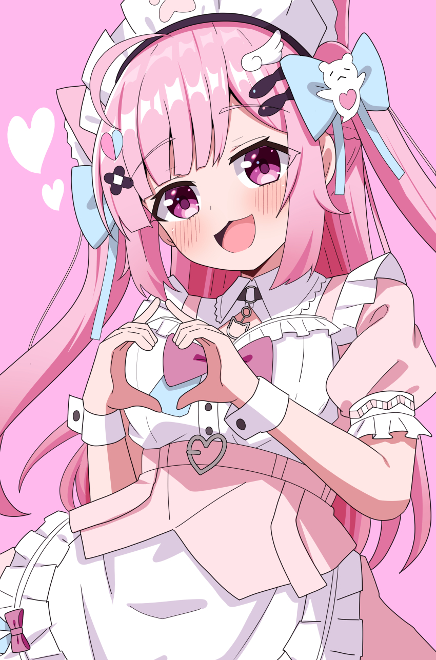 1girl :3 :d absurdres animal_collar animal_ear_fluff animal_ears apron blue_bow blush bow bowtie cat_ears cat_girl collar collared_dress commentary_request dress hair_bow heart heart_hands highres hosinonana indie_virtual_youtuber long_hair looking_at_viewer maid maid_apron maid_headdress open_mouth pink_background pink_bow pink_bowtie pink_dress pink_eyes pink_hair puffy_short_sleeves puffy_sleeves short_sleeves sidelocks simple_background smile solo twintails upper_body virtual_youtuber white_apron white_wrist_cuffs wrist_cuffs yuuki_sakuna