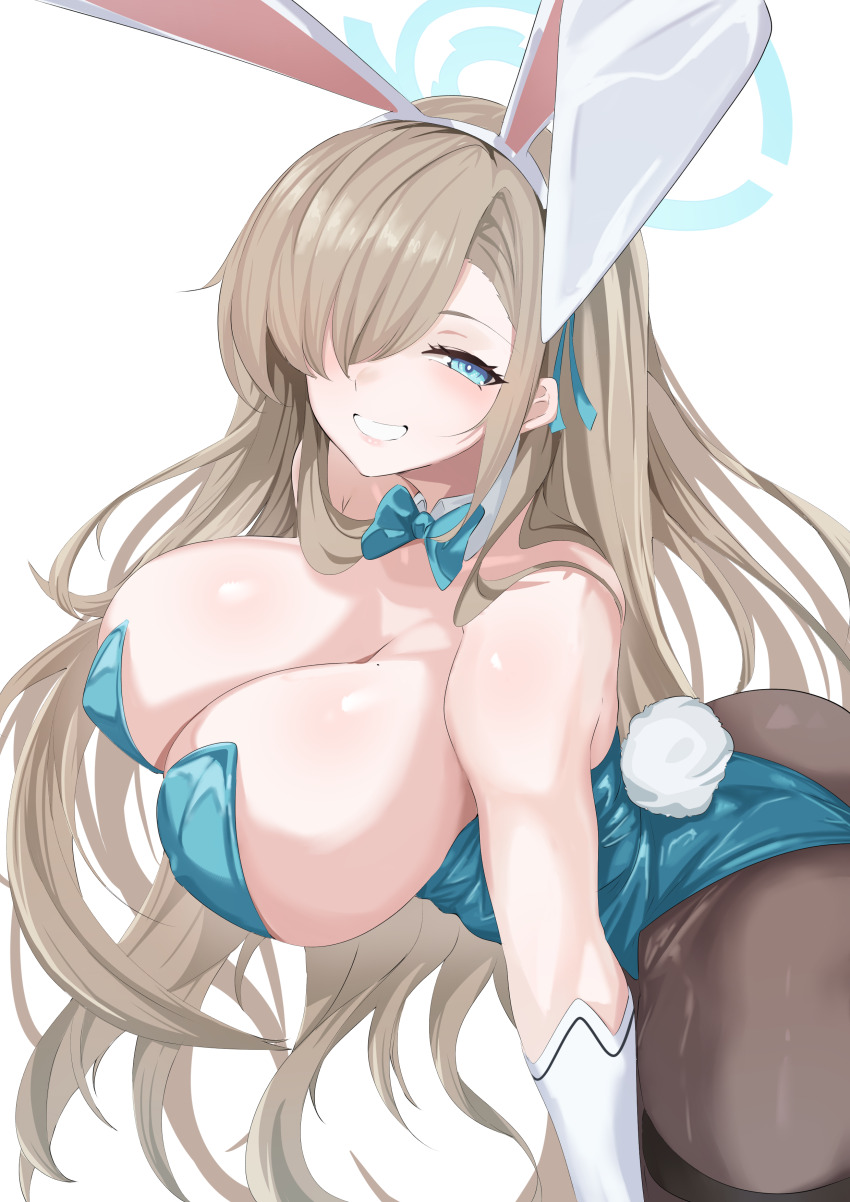 1girl absurdres animal_ears ass asuna_(blue_archive) asuna_(bunny)_(blue_archive) bare_shoulders blonde_hair blue_archive blue_halo blue_leotard blush bow bowtie breasts cleavage detached_collar elbow_gloves fake_animal_ears fake_tail gloves grin hair_over_one_eye halo highleg highleg_leotard highres large_breasts leaning_forward leotard long_hair looking_at_viewer pantyhose playboy_bunny rabbit_ears rabbit_tail smile solo tail thighband_pantyhose vanko_(vank0a) white_gloves