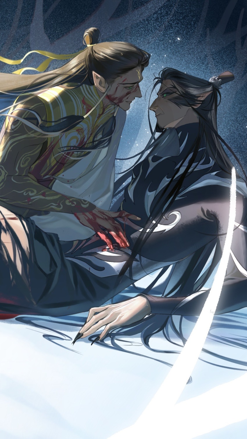 2boys beard black_bodysuit black_hair black_nails blood blood_on_clothes blood_on_face blood_on_hands bodysuit branch brown_hair chinese_clothes chinese_commentary closed_mouth eye_contact facial_hair fingernails frown furrowed_brow green_eyes hair_ribbon hand_on_another&#039;s_stomach hanfu highres lascorpio long_fingernails long_hair long_sleeves looking_at_another low-tied_sidelocks lutong_(nezha_zhi_motong_jiangshi) male_focus multicolored_hair multiple_boys nezha_zhi_motong_jiangshi pointy_ears ribbon sharp_fingernails shen_gongbao_(nezha_zhi_motong_jiangshi) sidelocks sitting smile streaked_hair topknot torn_clothes white_streaks xiao_guan_(headdress) yaoi yellow_hanfu yellow_ribbon