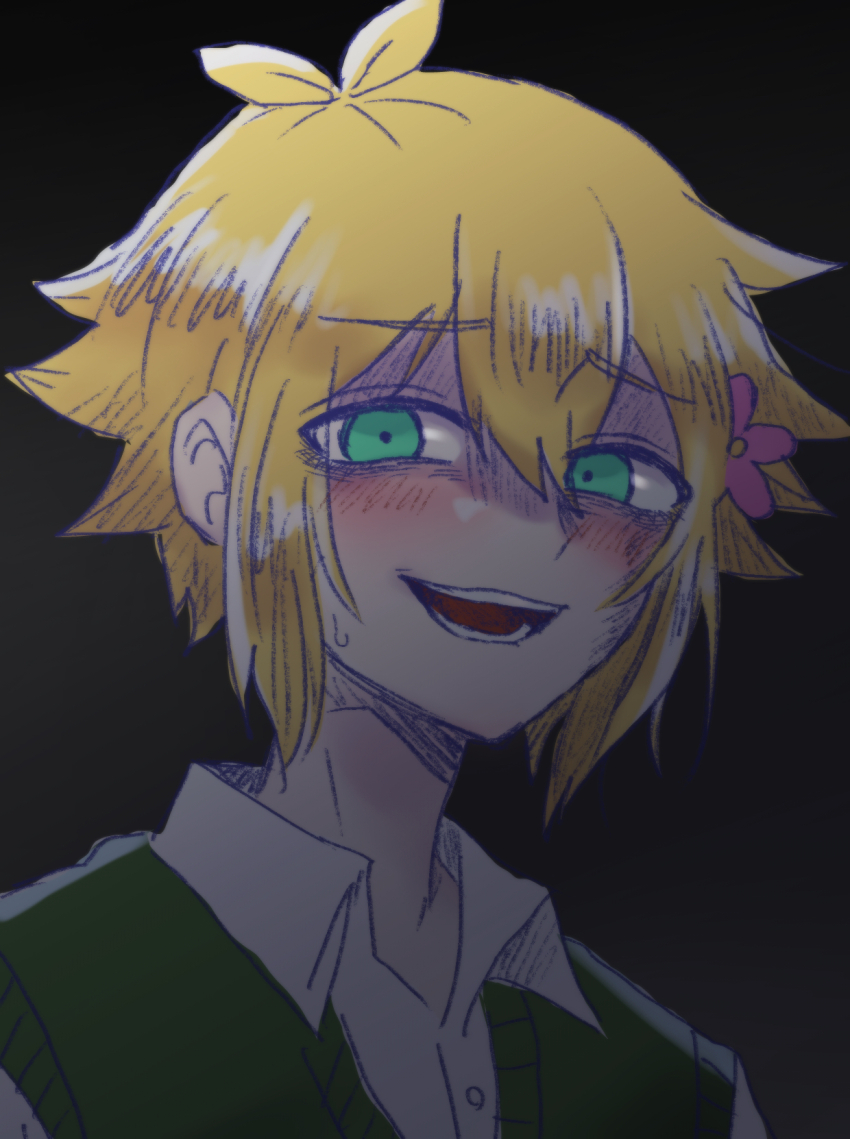 1boy antenna_hair bags_under_eyes basil_(faraway)_(omori) basil_(omori) blonde_hair blue_eyes blush collared_shirt flower germany_omori green_sweater_vest hair_flower hair_ornament highres looking_at_viewer male_focus omori open_mouth shirt short_hair smile solo sweatdrop sweater_vest teeth white_shirt