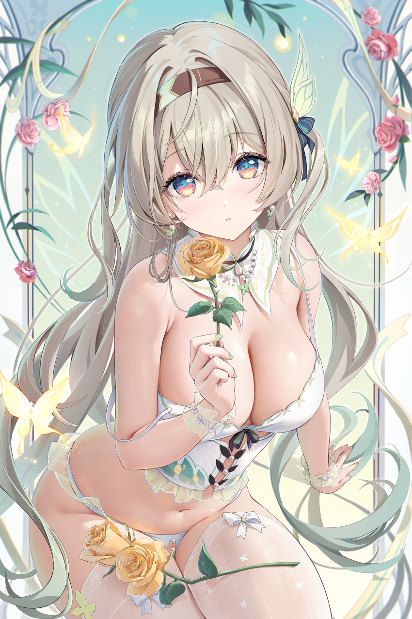 1girl absurdres breasts detached_collar duplicate firefly_(honkai:_star_rail) flower green_wrist_cuffs highres honkai:_star_rail honkai_(series) houkisei rose see-through_clothes see-through_wrist_cuffs wrist_cuffs yellow_flower yellow_rose