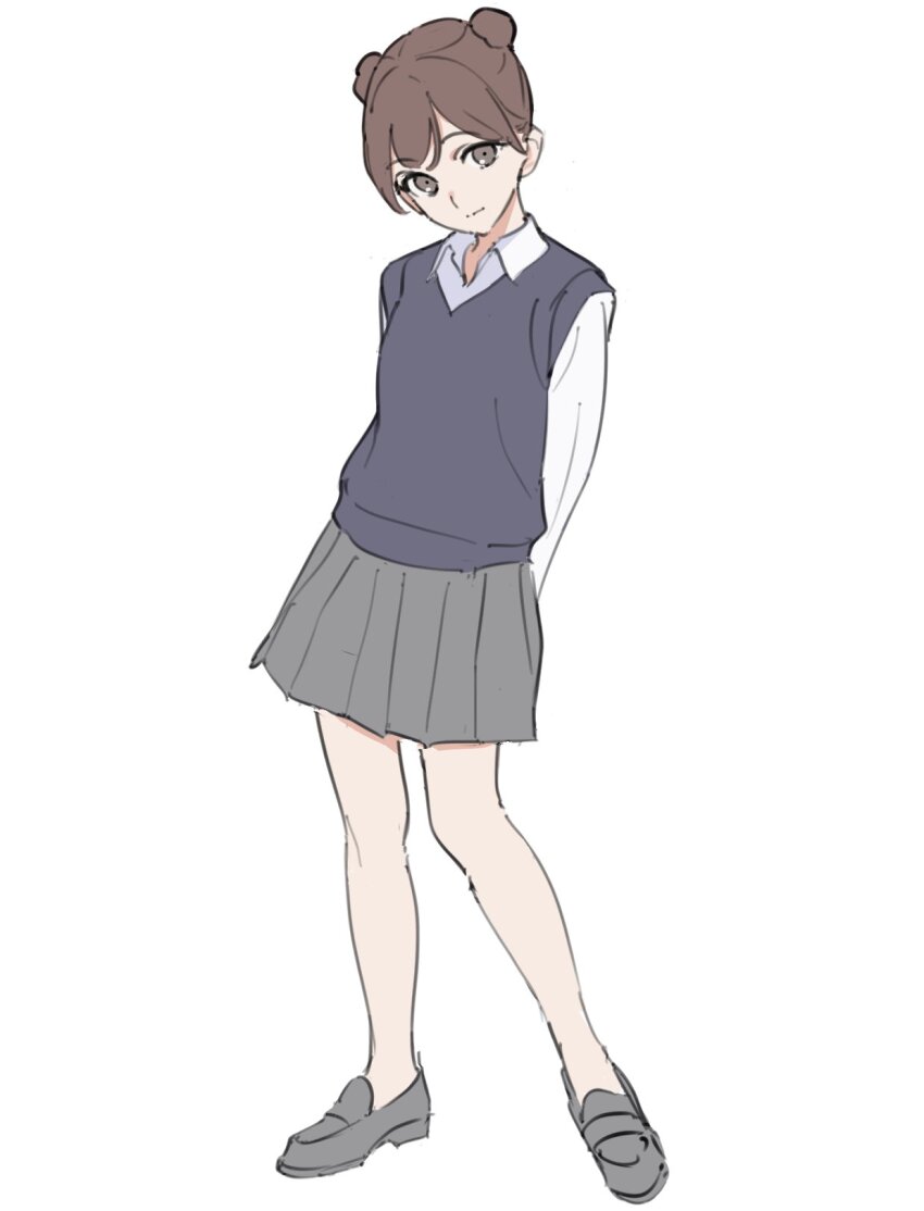 1girl arms_behind_back blue_sweater_vest brown_eyes brown_hair collared_shirt double_bun full_body grey_shoes grey_skirt hair_bun highres kashiwa_(iersansi) loafers long_sleeves original pleated_skirt shirt shoes simple_background skirt solo standing sweater_vest white_background white_shirt