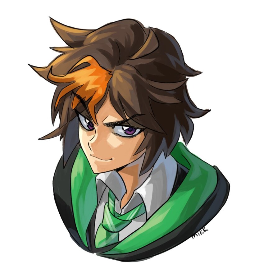 1girl brown_hair collar green_necktie harry_potter:_hogwarts_mystery harry_potter_(series) highres hogwarts_school_uniform looking_at_viewer merula_snyde mikkusushi multicolored_hair necktie non-web_source orange_hair portrait purple_eyes robe school_uniform short_hair slytherin smirk two-tone_hair white_background white_collar wizarding_world