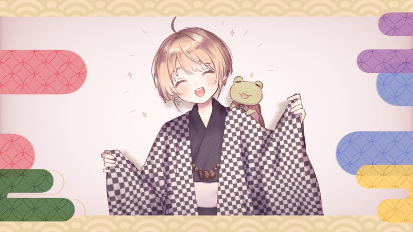 1boy ahoge animal animal_on_shoulder blonde_hair closed_eyes commentary egasumi facing_viewer frog haori happy highres idolmaster idolmaster_side-m japanese_clothes male_focus mi_oxo_9m open_mouth pierre_bichelberger solo sparkle symbol-only_commentary wide_sleeves