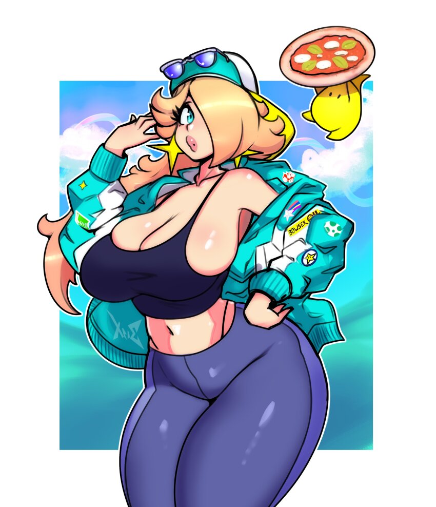 1girl absurdres alternate_breast_size aqua_jacket backwards_hat black_leggings blonde_hair blue_eyes breasts cleavage earrings eyewear_on_headwear food hair_over_one_eye hand_on_own_hip hat highres holding holding_food holding_pizza huge_breasts jacket jewelry leggings long_hair luma_(mario) mario_(series) mario_kart mario_kart_world midriff navel nintendo open_clothes open_jacket outside_border pizza rosalina rosalina_(touring) star_(symbol) star_earrings sunglasses thick_thighs thighs wide_hips xpisigma