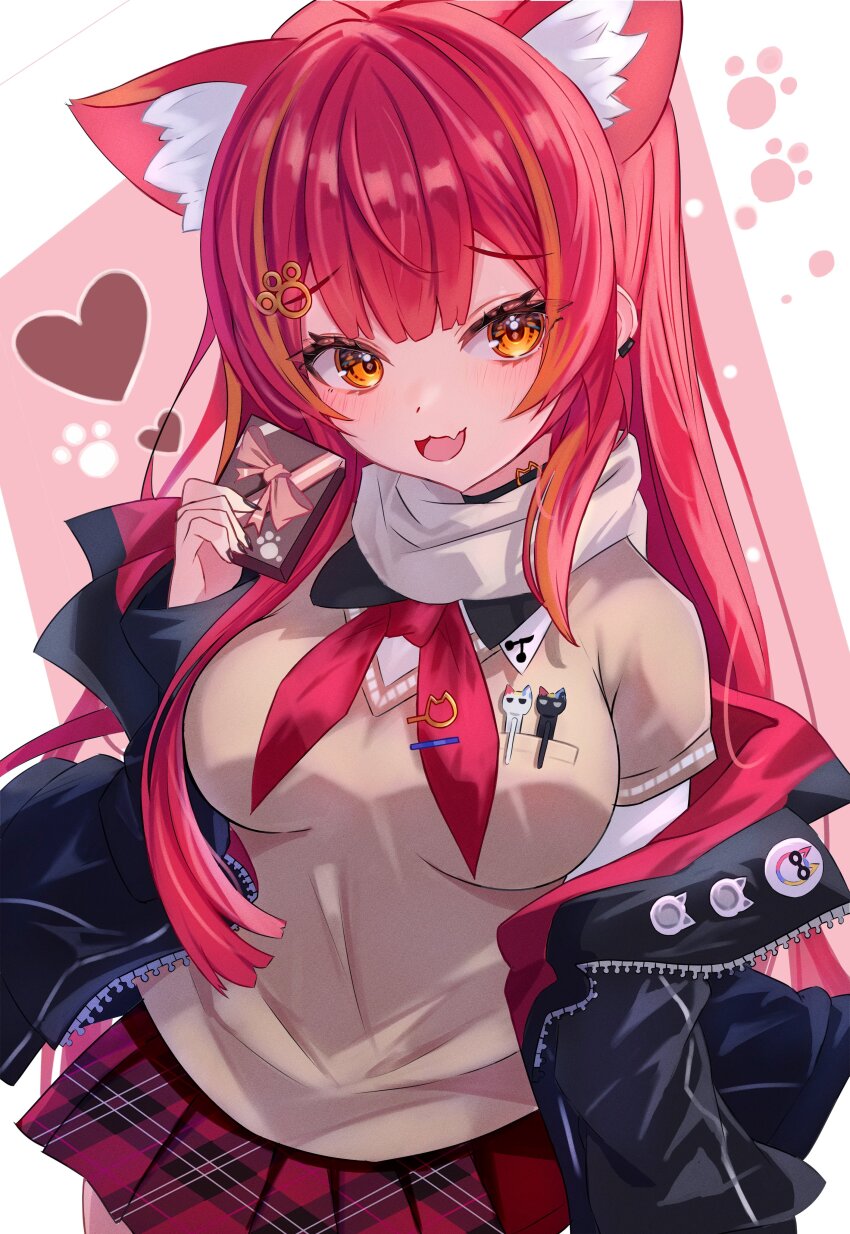 1girl absurdres animal_ears black_choker black_jacket blush box choker fang gift gift_box heart highres holding holding_box jacket long_hair multicolored_hair neckerchief nekota_tsuna nekota_tsuna_(4th_costume) open_clothes open_jacket open_mouth orange_eyes orange_hair red_hair red_neckerchief skirt solo soma443 streaked_hair sweater_vest two-tone_hair virtual_youtuber vspo!