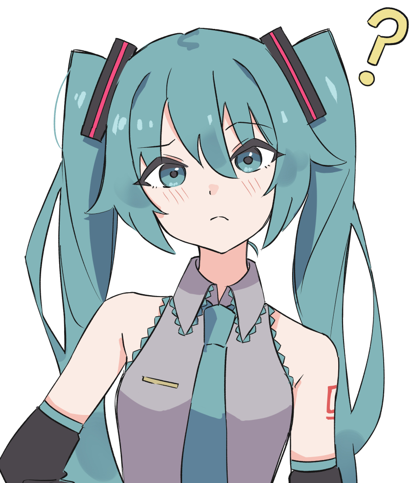 1girl ? absurdres aqua_eyes aqua_hair aqua_necktie bare_shoulders black_sleeves blush breasts confused detached_sleeves frown grey_shirt hair_between_eyes hatsune_miku highres lace lace-trimmed_shirt lace_trim long_hair looking_at_viewer necktie ronuma shirt shoulder_tattoo simple_background sleeveless sleeveless_shirt small_breasts solo tattoo twintails upper_body vocaloid white_background