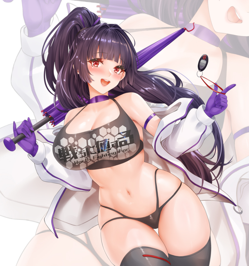 bare_shoulders bikini black_hair black_thighhighs blunt_bangs blush breasts car_keys choker cleavage coat cowboy_shot crop_top gloves halterneck highres large_breasts long_hair long_sleeves looking_at_viewer multi-strapped_bikini_bottom navel official_art open_clothes open_coat open_mouth ponytail purple_choker purple_gloves race_queen red_eyes smile tatakau_ni_atai_suru thigh_gap thighhighs toyoman umbrella yamaguchi_ryoko