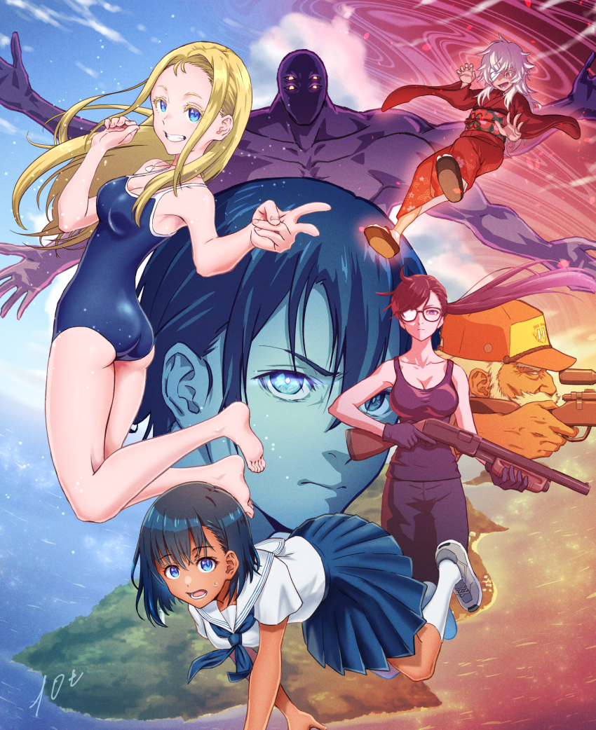 10ttruck 3boys 4girls :d :o ajiro_shinpei all_fours barefoot baseball_cap black_gloves black_sclera black_shirt blue_eyes blue_neckerchief blue_one-piece_swimsuit blue_skirt blue_sky breasts cleavage colored_sclera dark-skinned_female dark_skin eyepatch facial_hair gloves gun haine_(summertime_render) hat highres holding holding_gun holding_weapon island japanese_clothes jewelry kimono kofune_mio kofune_ushio medium_breasts minakata_hizuru multiple_boys multiple_girls mustache neckerchief necklace nezu_ginjiro okobo old old_man one-piece_swimsuit open_mouth platform_sandals red_eyes red_kimono sandals school_uniform scope shell shell_necklace shirt shoes skirt sky smile sneakers socks summertime_render sweatdrop swimsuit weapon white_hair white_socks