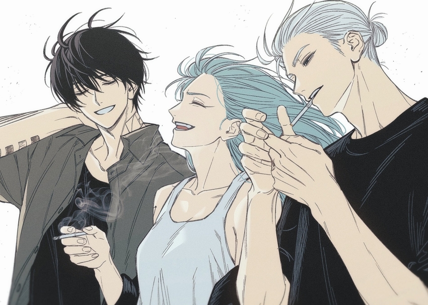 1girl 2boys akao_rion black_hair blue_hair highres kuroiisana multiple_boys nagumo_(sakamoto_days) sakamoto_days sakamoto_taro sakamoto_taro_(skinny) simple_background smile smoking white_background white_hair