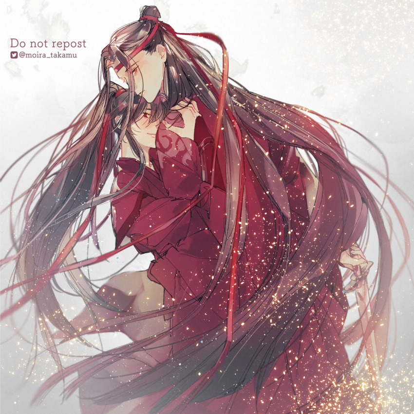 2boys alternate_costume black_hair blood bloody_weapon chinese_clothes chinese_wedding closed_mouth couple dress floating_hair hair_ribbon hanfu headband height_difference holding holding_sword holding_weapon hug jian_(weapon) lan_wangji light_particles long_hair long_sleeves looking_at_viewer male_focus modao_zushi moirae multiple_boys ponytail red_eyes red_hanfu red_headband red_ribbon ribbon robe sleeves_past_wrists smile sword topknot twitter_username very_long_hair watermark weapon wedding_dress wei_wuxian wide_sleeves yaoi yellow_eyes