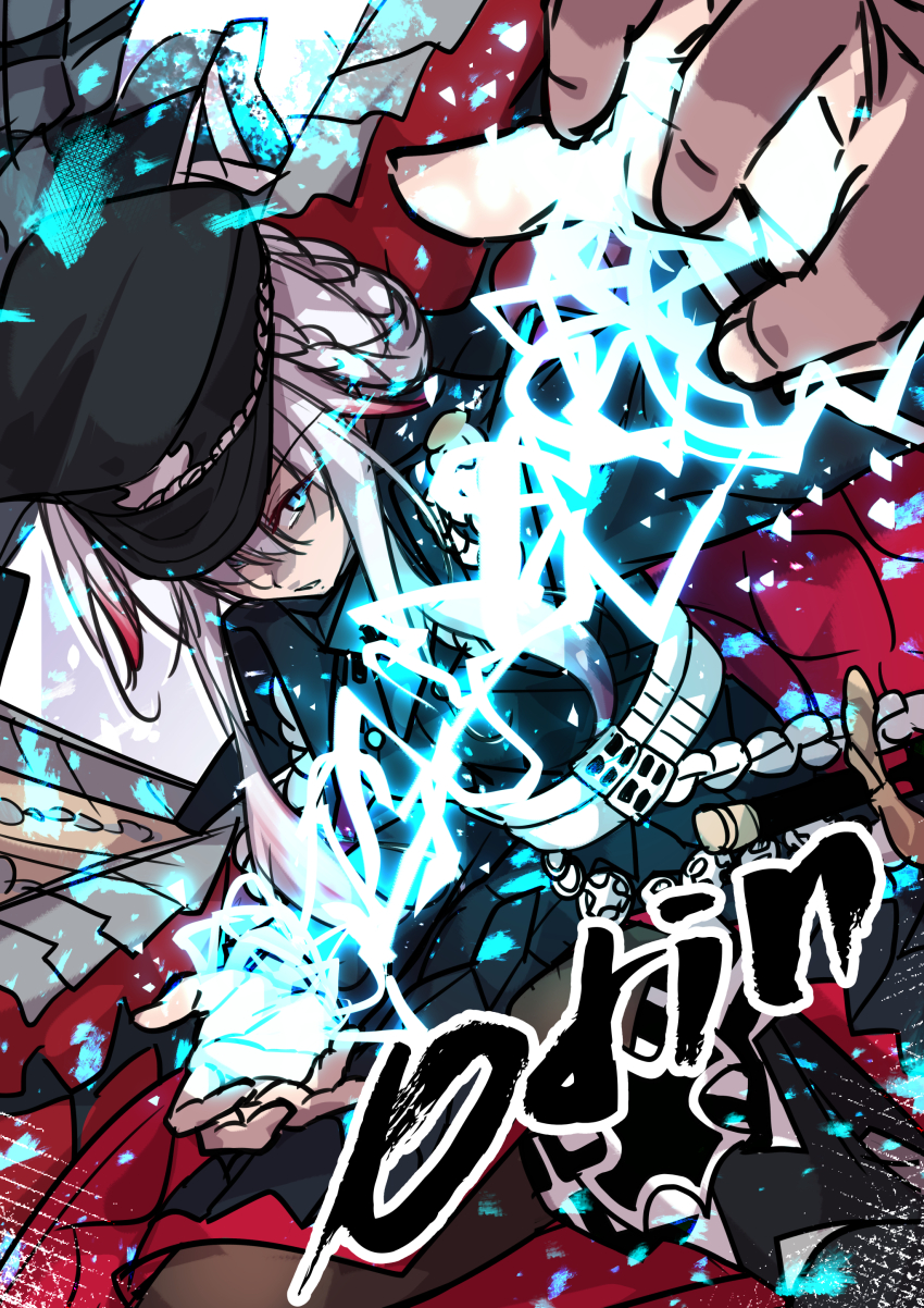 1girl absurdres azur_lane black_hat blue_eyes braid character_name hat highres lightning looking_at_viewer military_uniform multicolored_hair odin_(azur_lane) oriue_wato parted_lips peaked_cap red_hair rigging sketch solo streaked_hair white_hair