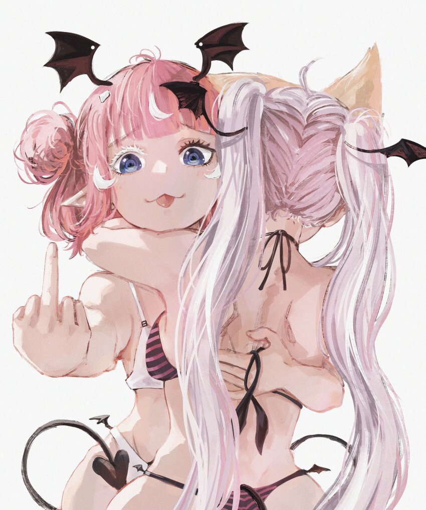 :p absurdres animal_ears annytf bat_wings bikini blue_eyes camila_(vtuber) demon_tail highres hug indie_virtual_youtuber kan1360 middle_finger pink_hair pointy_ears swimsuit tail tongue tongue_out twintails virtual_youtuber wings yuri