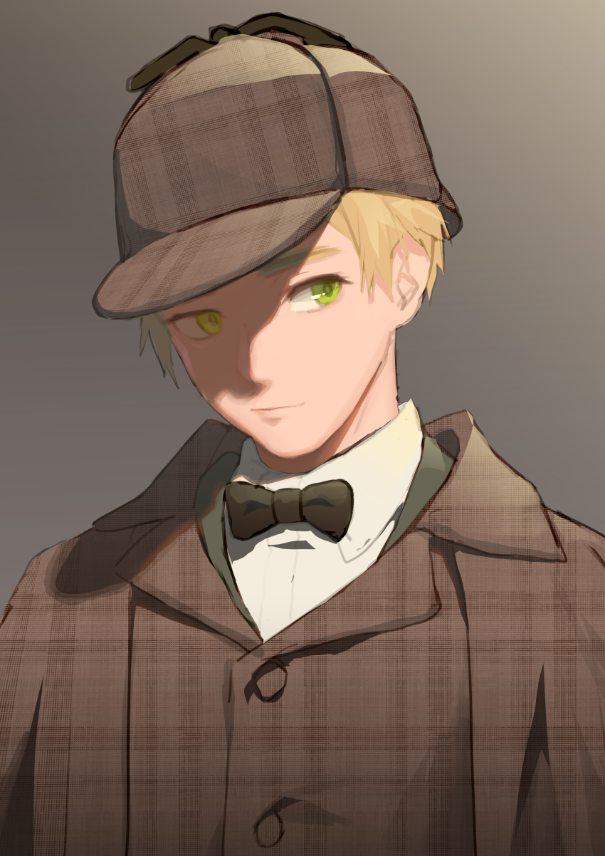 1boy absurdres axis_powers_hetalia black_bow black_bowtie blonde_hair bow bowtie brown_coat brown_hat brown_jacket buttons closed_mouth coat collared_jacket collared_shirt commentary_request green_eyes grey_background hat highres huacai jacket looking_at_viewer male_focus open_clothes open_coat plaid_clothes plaid_coat plaid_hat plaid_jacket shirt short_hair simple_background smile solo united_kingdom_(hetalia) upper_body visor_cap white_shirt