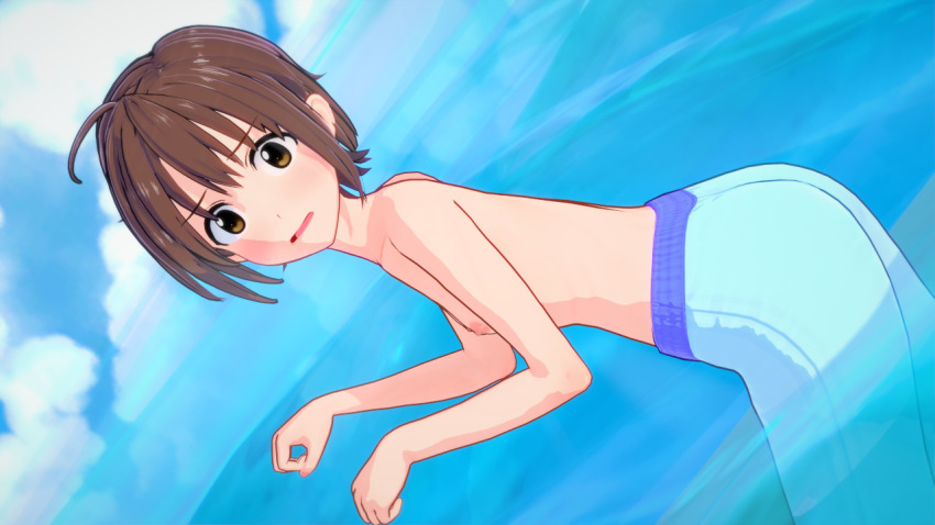 1girl 3d artist_request beach blue_male_swimwear blue_swim_trunks blush brown_eyes brown_hair character_request crossdressing dutch_angle female_focus from_side idolmaster idolmaster_cinderella_girls looking_at_viewer looking_to_the_side male_swimwear male_swimwear_challenge nipples ocean short_hair solo swim_trunks swimsuit tagme topless_female toshi_(sjha1986) water