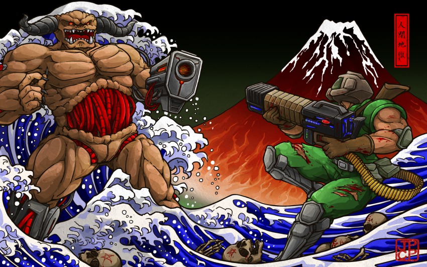 blood cyberdemon demon doom_(series) doomguy energy_gun fine_art_parody fingernails glowing gun gun_on_back highres kanagawa_okinami_ura kurashiki_nanka mechabare mount_fuji nihonga parody pentagram plasma_rifle sharp_fingernails shin_guards shotgun skeleton torn_clothes water waves weapon weapon_on_back