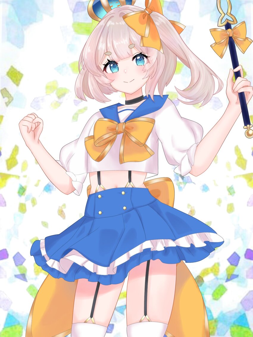 1girl artist_request black_choker black_garter_straps blue_eyes blue_sailor_collar blue_skirt bow choker clenched_hand closed_mouth crown fish garter_straps goldfish grey_hair hair_bow highres holding holding_wand indie_virtual_youtuber marimari_(vtuber) mini_crown navel orange_bow sailor_collar second-party_source shirt side_ponytail skirt smile solo suspenders thighhighs virtual_youtuber wand white_shirt white_thighhighs