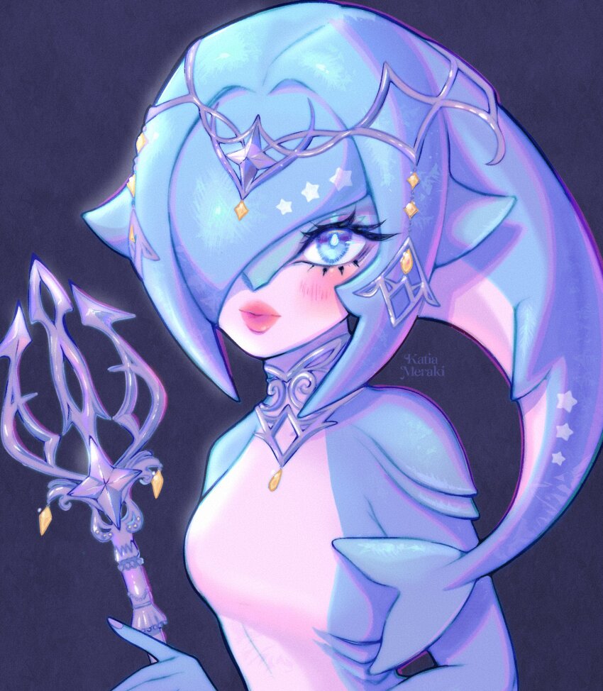 1girl alternate_form artist_name black_background blue_eyes blue_hair blue_skin blush breasts closed_mouth colored_skin fins fish_tail gem hair_ornament hair_over_one_eye highres holding holding_polearm holding_weapon katiameraki kushara_(zelda) mario_(series) medium_breasts nintendo polearm rosalina shiny_skin smile tail the_legend_of_zelda the_legend_of_zelda:_echoes_of_wisdom upper_body weapon zora
