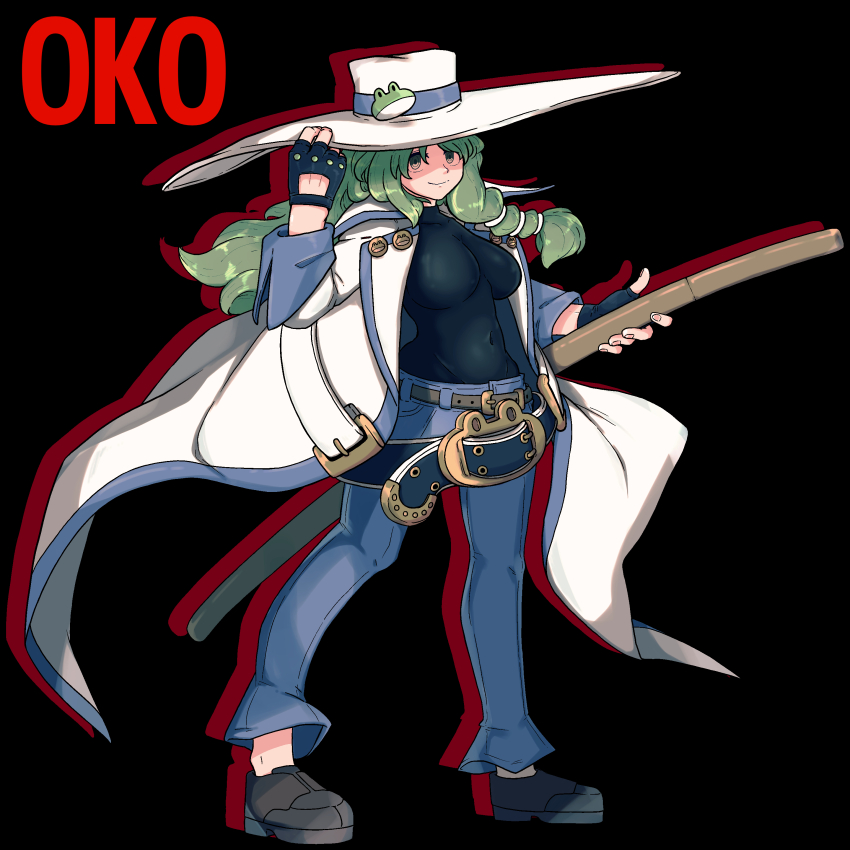 1girl absurdres belt black_background black_shirt blue_pants breasts brown_belt character_name closed_mouth coat commentary_request cookie_(touhou) cosplay covered_navel frog_hat_ornament full_body green_eyes green_hair grey_shoes guilty_gear guilty_gear_xrd hat highres impossible_clothes impossible_shirt johnny_(guilty_gear) johnny_(guilty_gear)_(cosplay) katana kochiya_sanae long_hair looking_at_viewer medium_breasts muimui_(4242564muimui) oko_(cookie) open_clothes open_coat pants sheath sheathed shirt shoes simple_background smile solo sword touhou weapon white_coat white_hat