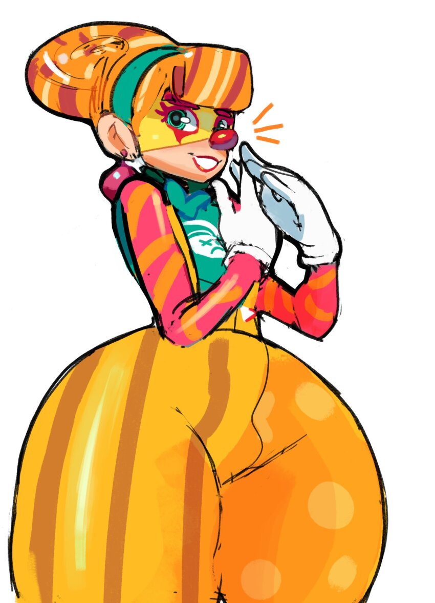 1girl arms_(game) baggy_pants blue_eyes clown clown_girl davenextdoor_(justdavefnd) earrings gloves hairband highres jewelry lola_pop mask multicolored_hair nintendo pants red_nose smile suspenders