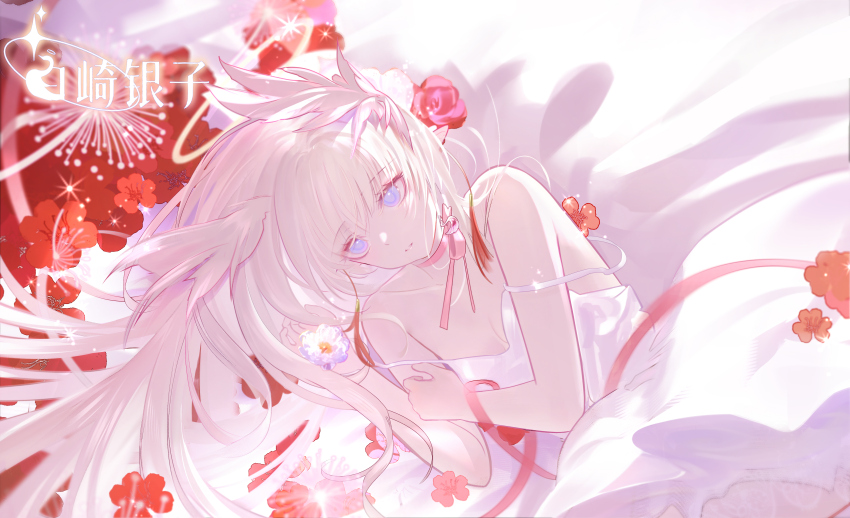 1girl absurdres bare_shoulders closed_mouth dress flower grey_eyes hair_flower hair_ornament hair_spread_out highres long_hair lying original red_flower red_rose rose solo v-von very_long_hair white_dress