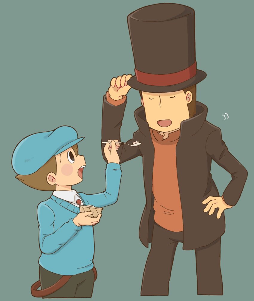 2boys black_eyes blue_background blue_headwear blue_sweater blush brown_hair brown_headwear brown_jacket brown_pants newsboy_cap closed_eyes collared_shirt commentary_request cropped_legs facing_viewer feeding food hand_on_own_hip hand_up hands_up hat hershel_layton high_collar highres holding holding_food holding_spoon jacket kiwami_(kiwamimuneko) long_sleeves luke_triton male_focus multiple_boys open_clothes open_jacket open_mouth orange_sweater pants professor_layton shirt short_hair simple_background smile spoon standing suspenders suspenders_hanging sweater top_hat white_shirt