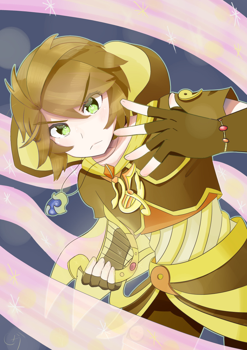 1boy absurdres brown_hair clanel_de_wargham fighting_stance fingerless_gloves gloves green_eyes highres holding holding_instrument hood instrument jewelry lyre magic necklace non-web_source original