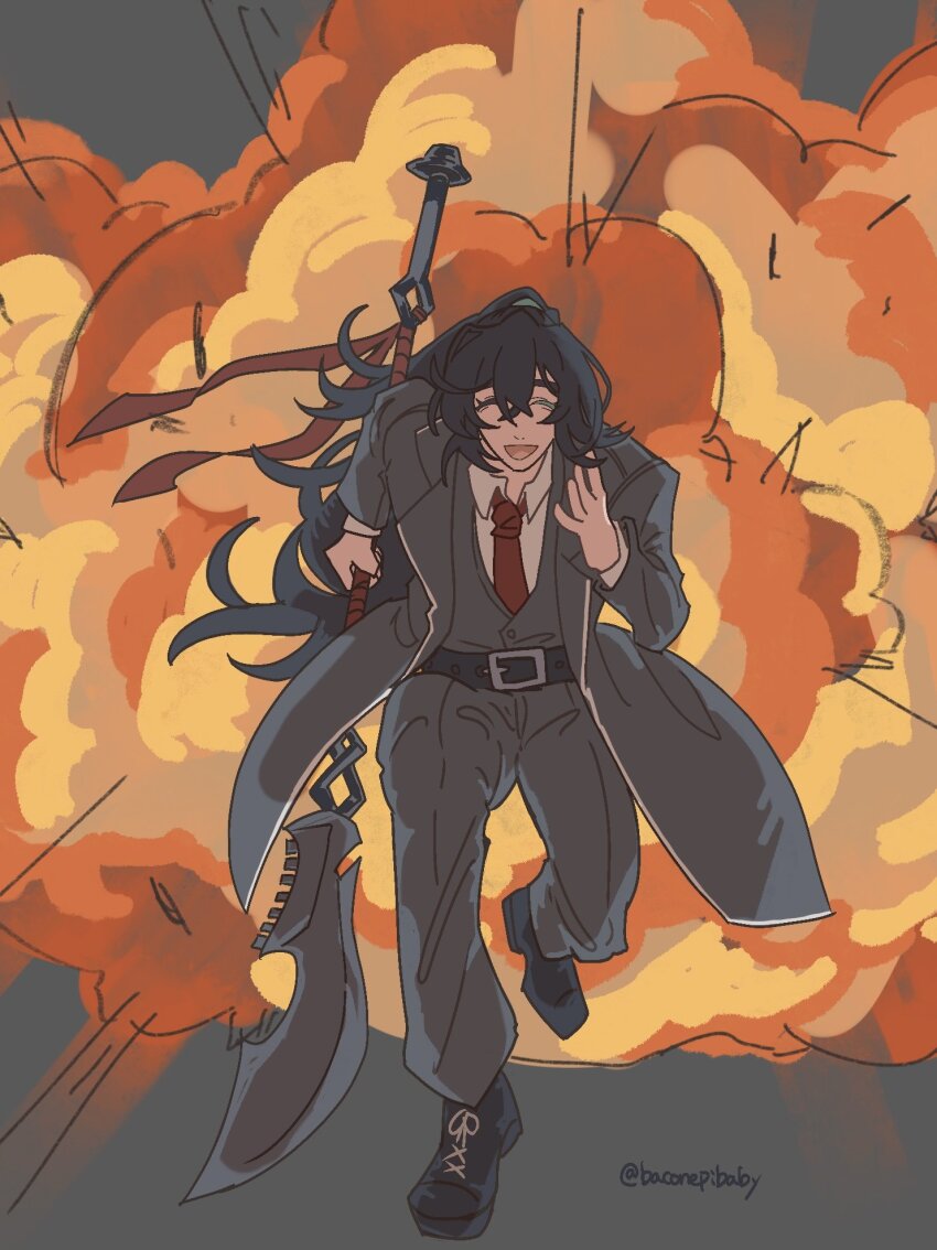 1boy baconepibaby belt black_belt black_coat black_hair closed_eyes coat collared_shirt crossed_bangs double-parted_bangs dress_shoes explosion explosion_background fleeing full_body hair_between_eyes high_ponytail highres holding holding_polearm holding_weapon hong_lu_(project_moon) lcb_uniform_(project_moon) limbus_company long_hair male_focus necktie open_mouth polearm ponytail project_moon red_necktie red_ribbon ribbon running_towards_viewer shirt solo teeth upper_teeth_only very_long_hair weapon white_shirt
