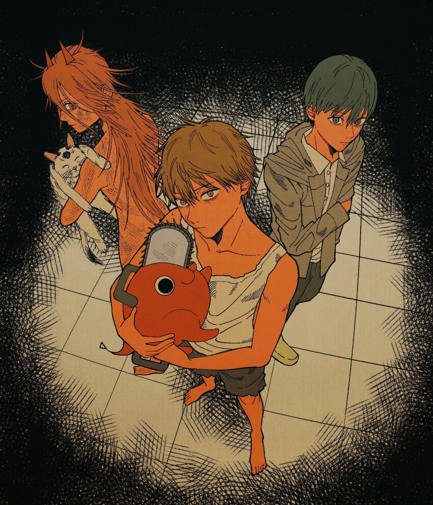 1girl 2boys aged_down barefoot black_hair blonde_hair brown_hair chainsaw chainsaw_man collared_shirt crosshatching denji_(chainsaw_man) dirty eyeshadow grey_hoodie hatching_(texture) hayakawa_aki highres hood hoodie llq9ull long_hair looking_at_viewer looking_back makeup meowy_(chainsaw_man) messy_hair multiple_boys nude pochita_(chainsaw_man) power_(chainsaw_man) shirt short_hair sideways_glance spotlight tank_top white_shirt white_tank_top yellow_eyeshadow