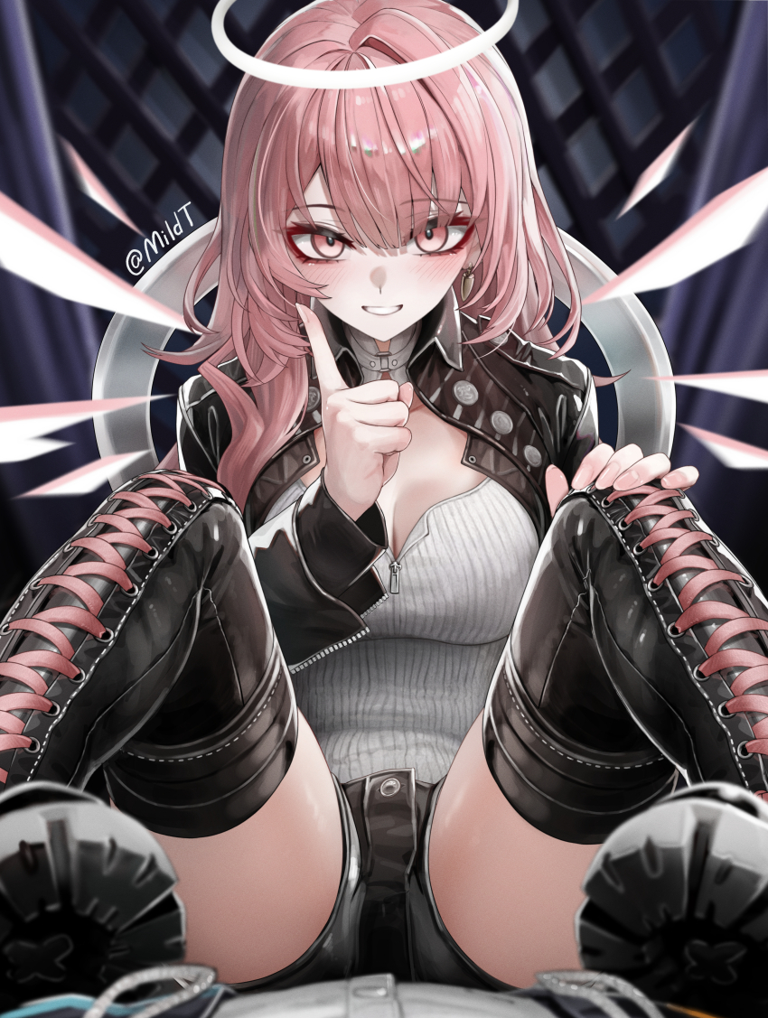 1girl 1other absurdres angel_wings arknights artist_name black_boots black_jacket black_shoes black_shorts blush boots breasts bullet_earrings buttons cleavage collar collarbone_peek collared_jacket commentary crotch detached_wings dot_nose earrings energy_wings eyeliner fingernails hair_between_eyes halo hand_on_own_knee hand_on_own_leg hand_up highres index_finger_raised jacket jewelry knees_up lace-up_boots large_breasts legs lemuen_(arknights) long_hair looking_at_viewer makeup mildt o-ring_collar open_clothes open_jacket paid_reward_available parted_lips pink_eyeliner pink_eyes pink_hair pointing pointing_up pov shirt shoe_soles shoes short_shorts shorts signature sitting sitting_on_person spread_legs straight-on teeth thigh_boots thighs traditional_halo white_collar white_halo white_shirt white_wings wing_collar wings zipper zipper_pull_tab