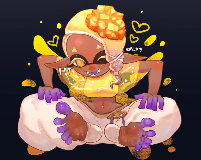 +_+ 1girl ;d artist_name blonde_hair breasts colored_eyelashes colored_skin colored_tongue crop_top cross-shaped_pupils dark-skinned_female dark_skin domino_mask earrings fangs feet foot_focus forehead frye_(deep_cut_outfit)_(splatoon) frye_(splatoon) gradient_background gradient_hair gradient_skin harem_pants heart highres inkling jewelry looking_at_viewer mask medium_breasts multicolored_hair multicolored_skin multiple_earrings navel nintendo one_eye_closed open_mouth orange_eyes orange_pupils pants pointy_ears pokichi_(ponkichi_kemo) purple_hair purple_skin purple_tongue see-through_clothes sitting sleeveless smile socks solo splatoon_(series) splatoon_3 symbol-shaped_pupils teeth toeless_legwear toes two-tone_hair two-tone_skin white_pants white_socks yellow_crop_top
