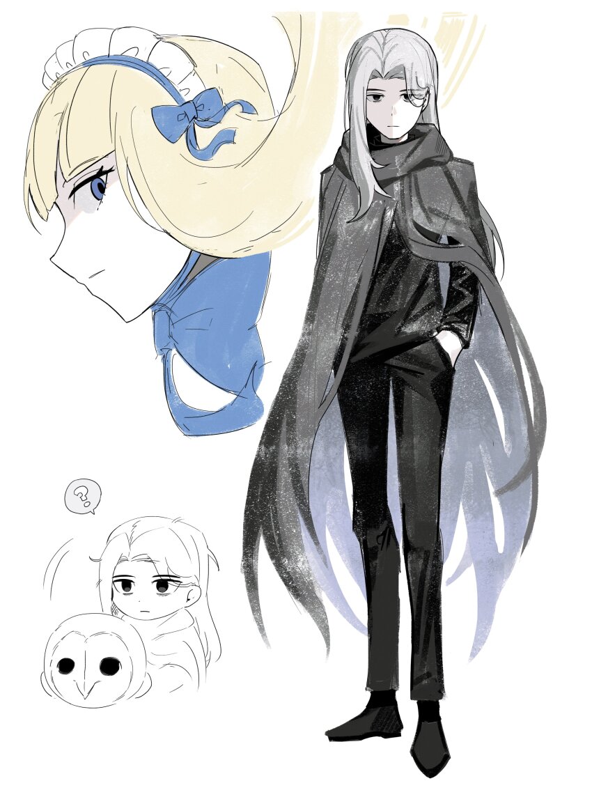 1boy 1girl absurdres asdf1211950 black_eyes black_jacket black_pants black_souls black_souls_2 blonde_hair blue_eyes cape closed_mouth doll_alice_(black_souls) grey_cape grey_hair highres humanization jacket long_hair looking_at_viewer lorde_(black_souls) pants parted_bangs simple_background very_long_hair white_background