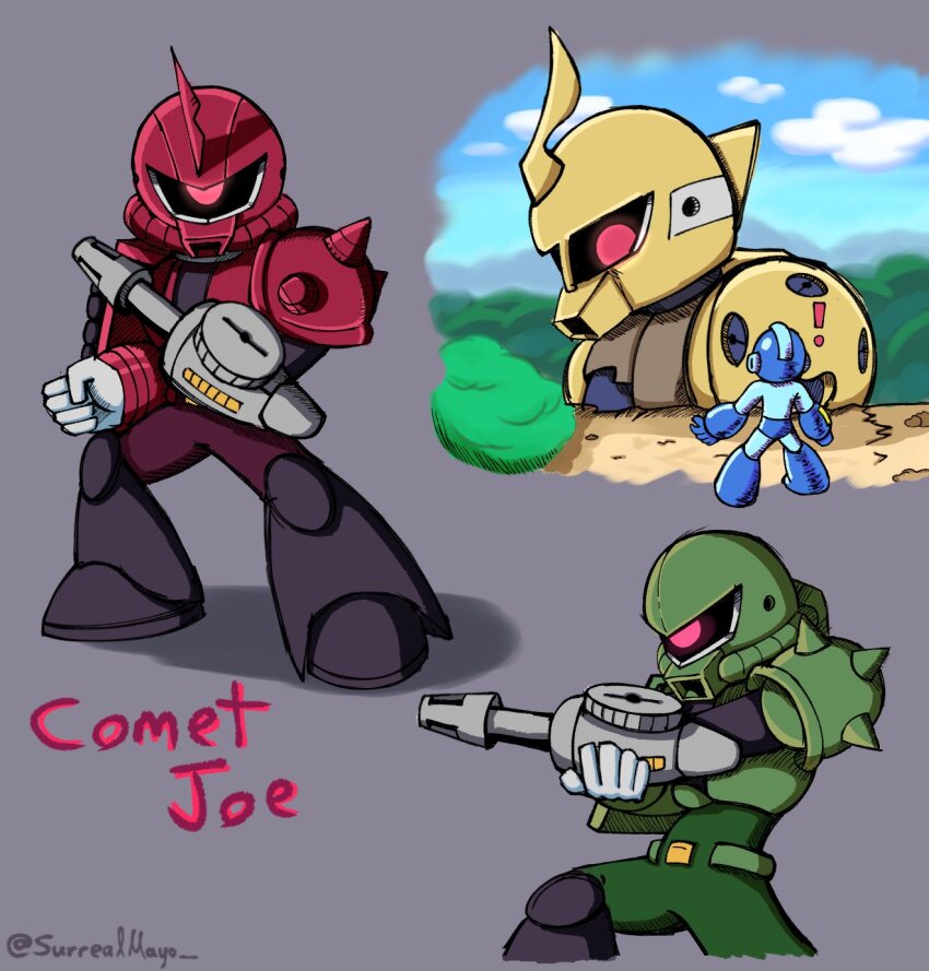 arm_cannon commentary crossover english_commentary english_text full_body gundam helmet highres mecha mega_man_(character) mega_man_(classic) mega_man_(series) no_mouth outdoors red_eyes robot sniper_joe_(mega_man) surrealmason upper_body weapon zaku