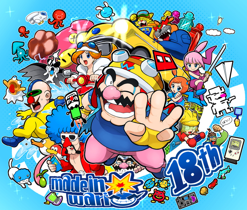 18-volt 3girls 5-volt 6+boys alien alien_bunny_(warioware) ana_(warioware) blue_eyes blue_shirt cat dog double_bun dr._crygor dribble_(warioware) facial_hair fronk goggles goggles_on_headwear hair_bun helmet highres holding holding_sword holding_weapon hoshi_(star-name2000) jacket jimmy_t kat_(warioware) long_hair looking_at_viewer mona_(warioware) motor_vehicle multiple_boys multiple_girls mustache nintendo one_eye_closed open_clothes open_jacket open_mouth orange_hair orbulon pants pink_hair pink_pants pyoro_(warioware) red_jacket scooter shirt spitz sunglasses sword taxi wario warioware weapon