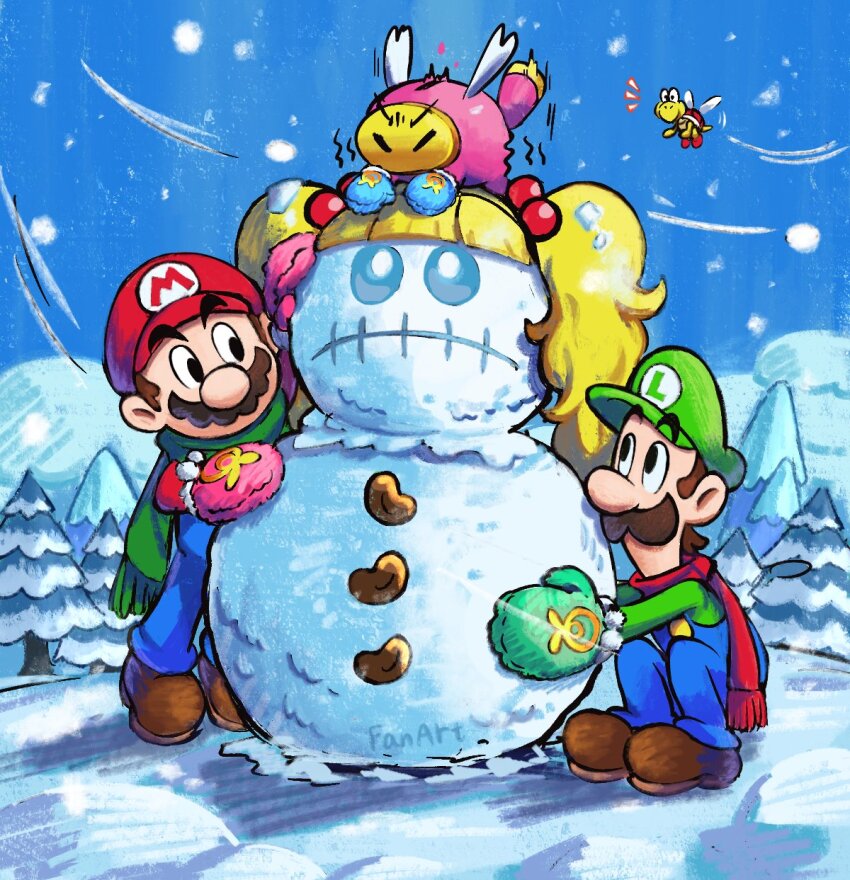 3boys beans blonde_hair blue_overalls blue_sky brothers brown_footwear brown_hair closed_eyes cold facial_hair flying green_hat green_mittens green_scarf green_shirt hat highres jojora&#039;s_friend koopa_paratroopa long_sleeves looking_at_another luigi male_focus mario mario_&amp;_luigi:_brothership mario_&amp;_luigi:_superstar_saga mario_&amp;_luigi_rpg mario_(series) mittens multiple_boys mustache nintendo outdoors overalls red_hat red_mittens red_scarf red_shirt scarf shirt shoes short_twintails siblings sky snoutlet_(mario) snow snowing snowman squatting tree trembling twintails winter ya_mari_6363
