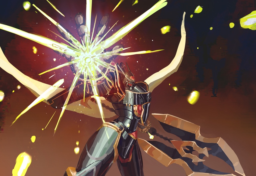 absurdres alphamon alphamon_ouryuuken armor black_armor black_helmet cape commentary creature creature_focus digicore digimon digimon_(creature) digital_monster_x-evolution double_blade energy_beam energy_blast fake_horns forehead_jewel gem helmet highres holding holding_polearm holding_sword holding_weapon horned_helmet horns knight mecha no_humans open_hand outstretched_arm polearm red_eyes red_gemstone robot solo sword user_csts5272 weapon white_cape