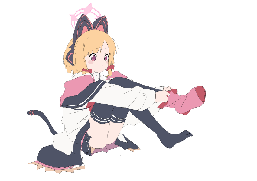 animal_ear_headphones animal_ears blonde_hair blue_archive cat_ear_headphones cat_ears fake_animal_ears hair_ribbon halo headphones highres jacket mmmkawaine momoi_(blue_archive) pink_halo pink_socks ribbon simple_background sketch skirt socks thighhighs white_background
