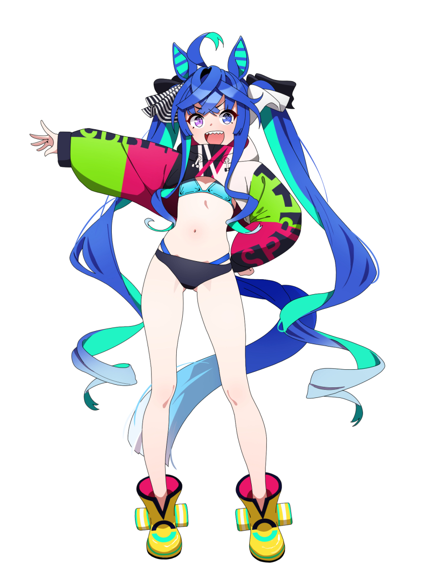 1girl ahoge animal_ears ankle_boots aqua_hair bikini black_bikini black_ribbon blue_bikini blue_eyes blue_hair boots breasts coat commentary cropped_coat crossed_bangs drawstring full_body hair_ribbon hand_on_own_hip heterochromia highres hood hood_down hooded_coat horse_ears horse_girl horse_tail long_hair long_sleeves looking_at_viewer mismatched_bikini multi-strapped_bikini_bottom multicolored_coat multicolored_hair navel open_mouth purple_eyes ribbon schwarz_rubin sharp_teeth sidelocks simple_background small_breasts smile solo standing swimsuit tail teeth twin_turbo_(umamusume) twintails two-tone_hair umamusume very_long_hair white_background yellow_boots