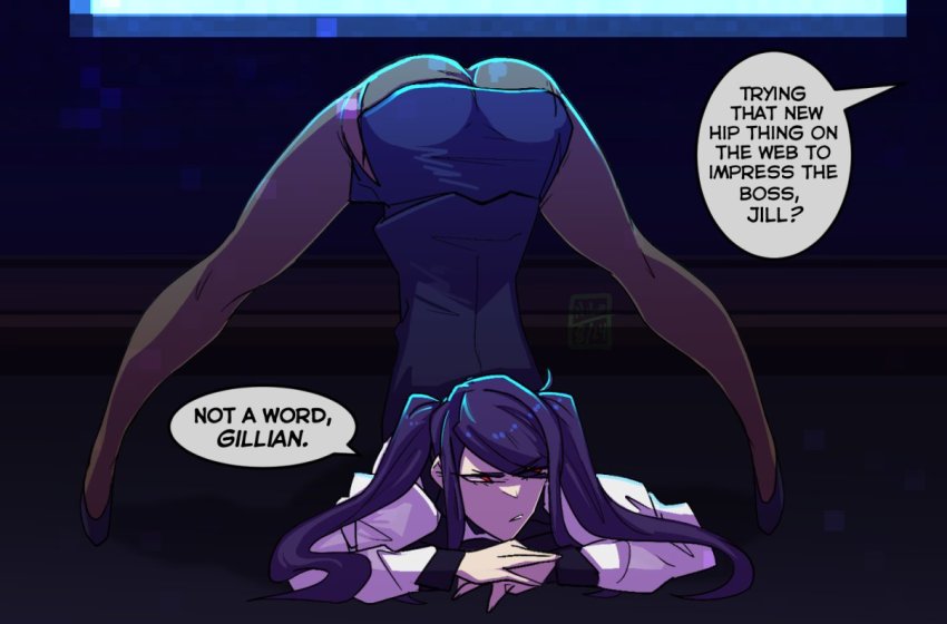 1girl ass bar_(place) blouse brown_pantyhose english_text female_focus high_heels jack-o&#039;_challenge jill_stingray kamuify pantyhose red_eyes shirt solo speech_bubble spread_legs thighhighs top-down_bottom-up twintails va-11_hall-a vest waistcoat white_shirt wide_spread_legs