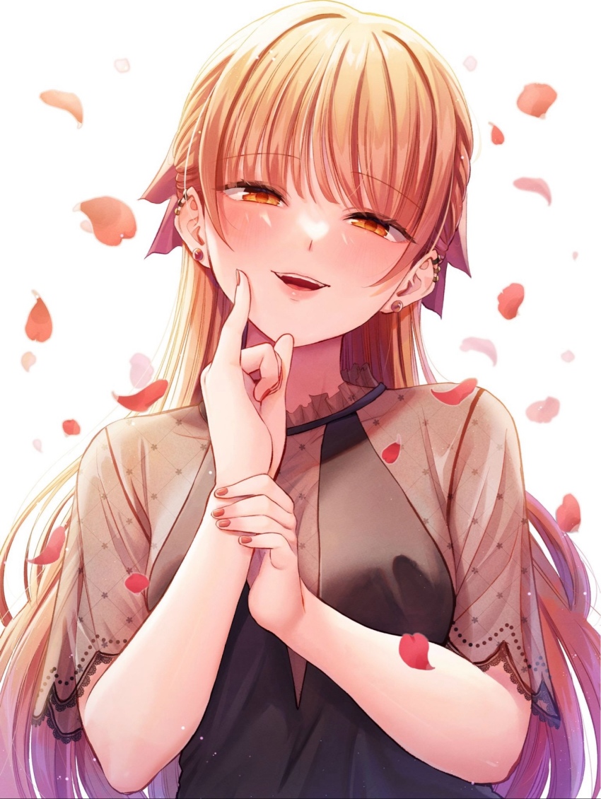 1girl black_shirt commentary_request cover_image earrings falling_petals hand_up highres holding_own_wrist jewelry long_hair looking_at_viewer misu_shin&#039;ya open_mouth orange_eyes orange_hair orange_petals osananajimi_to_romcom_ni_naranai petals see-through_clothes see-through_sleeves shirt short_sleeves simple_background smile solo teeth upper_body upper_teeth_only white_background