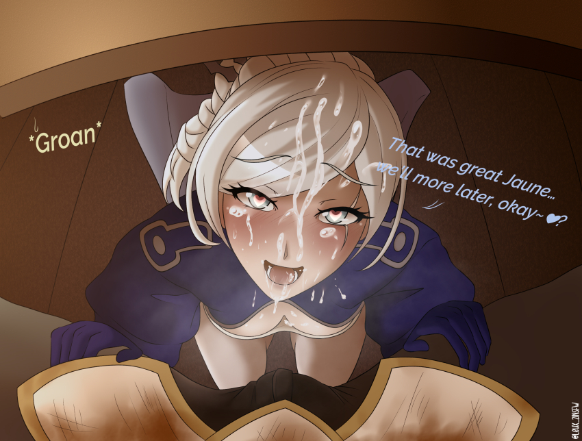 1boy 1girl after_fellatio blonde_pubic_hair blue_eyes blue_gloves blush braid braided_ponytail clothed_sex cum cum_in_mouth cum_on_body cum_on_hair cum_on_tongue english_text facial fellatio gloves hair_ornament heart heart-shaped_pupils hetero highres jaune_arc leux21eraser looking_at_viewer male_pubic_hair open_mouth oral penis pov pov_crotch pubic_hair rwby scar scar_across_eye scar_on_face solo_focus sound_effects symbol-shaped_pupils uncensored weiss_schnee white_hair