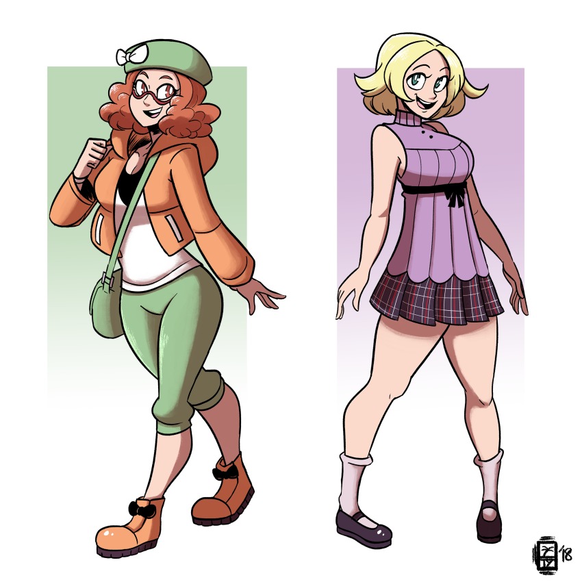 10s 2girls absurdres bag bare_shoulders beret bianca_(pokemon) bianca_(pokemon)_(cosplay) black_footwear black_skirt blonde_hair bow breasts cleavage cosplay costume_switch dated female_focus full_body glasses green_headwear green_pants hand_up hat hat_bow highres jacket looking_to_the_side medium_breasts miniskirt multiple_girls nintendo okumura_haru okumura_haru_(cosplay) open_mouth orange_footwear orange_hair orange_jacket pants persona persona_5 plaid_clothes plaid_skirt pleated_skirt pokemon pokemon_bw2 purple_shirt red-framed_eyewear scruffyturtles shirt shoes short_hair simple_background skirt sleeveless sleeveless_shirt smile socks standing teeth watermark white_bow white_legwear white_shirt
