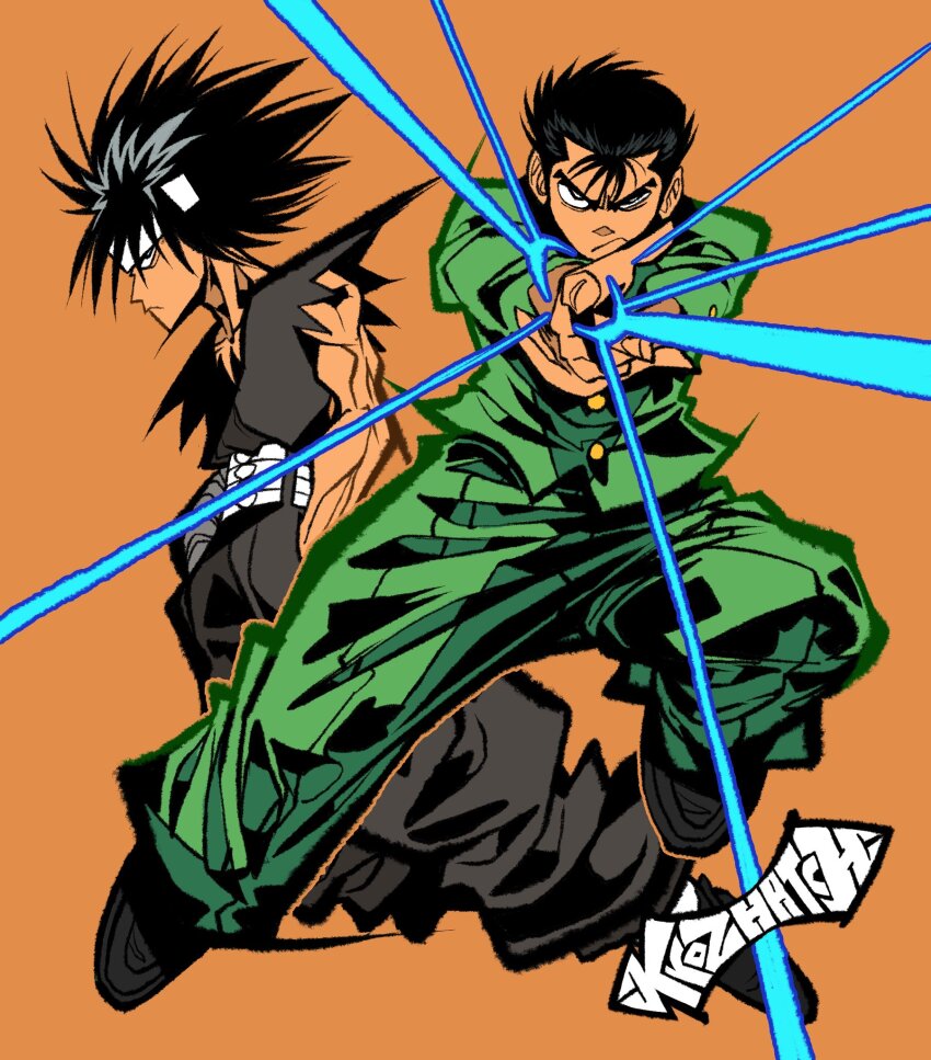 2boys artist_name black_hair black_jumpsuit closed_mouth commentary english_commentary full_body hairband hiei_(yu_yu_hakusho) highres jumpsuit krozhatch male_focus multiple_boys orange_background pointing pompadour school_uniform simple_background sleeveless spiked_hair urameshi_yusuke white_hairband yuu_yuu_hakusho