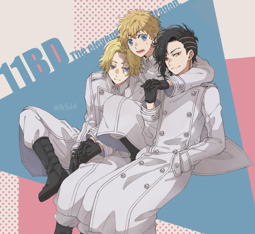 3boys asymmetrical_hair black_footwear black_gloves black_hair blonde_hair blue_eyes boots burn_scar closed_mouth coat coppe cowboy_shot earrings english_text gloves hanagaki_takemichi hand_in_pocket hand_up holding_hands inui_seishu jewelry kokonoi_hajime long_sleeves male_focus multiple_boys open_mouth pants scar scar_on_face short_hair single_earring sitting smile squatting sweatdrop tokyo_revengers twitter_username white_coat white_pants