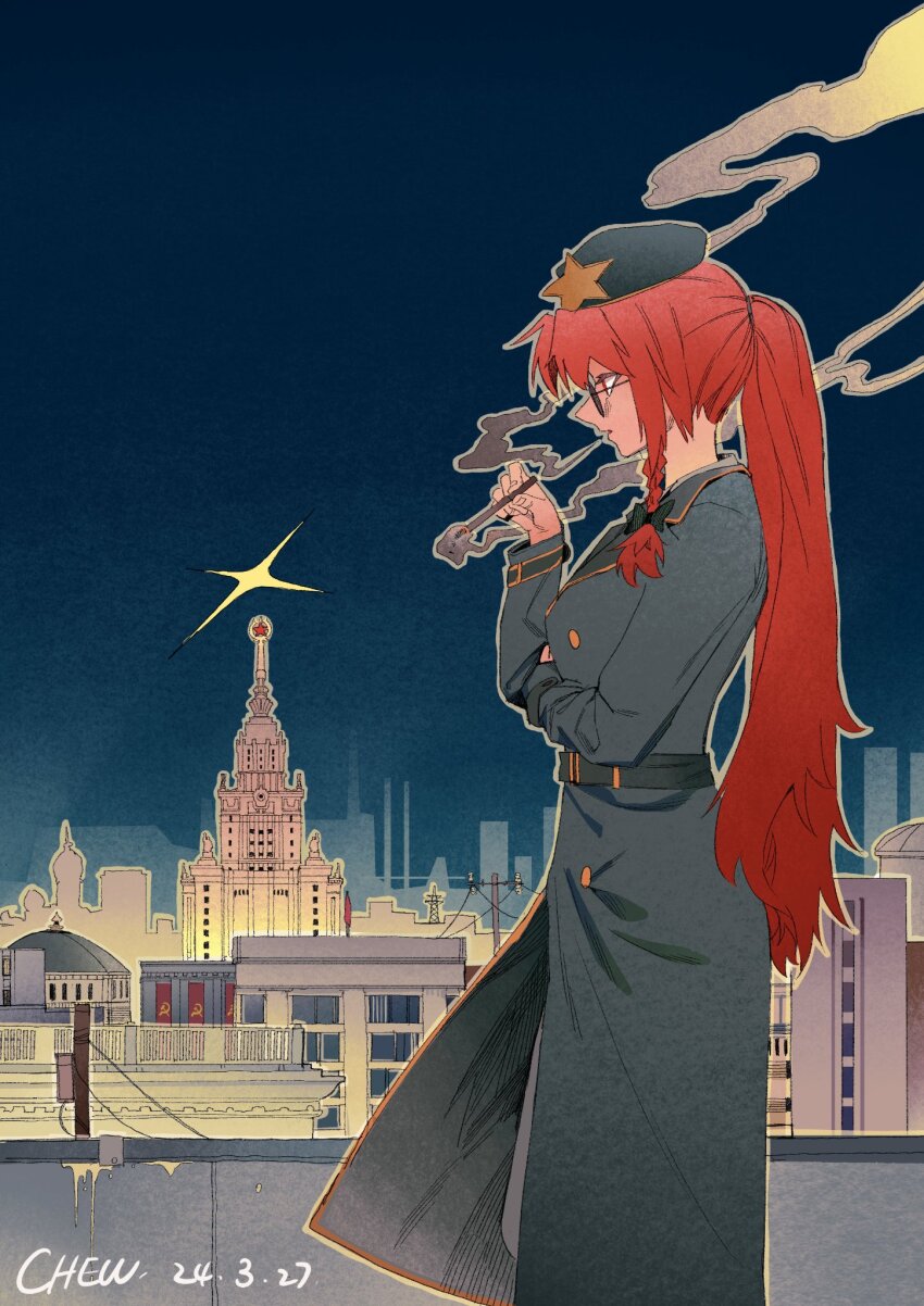 1girl alternate_costume alternate_hairstyle bespectacled braid breasts building chenwei_jun chinese_commentary cigarette coat commentary_request contemporary dated glasses green_coat hammer_and_sickle hat hat_ornament highres holding holding_cigarette hong_meiling long_hair long_sleeves open_mouth outdoors ponytail power_lines red_eyes red_hair signature smoke smoking solo star_(symbol) star_hat_ornament touhou transmission_tower ussr utility_pole very_long_hair