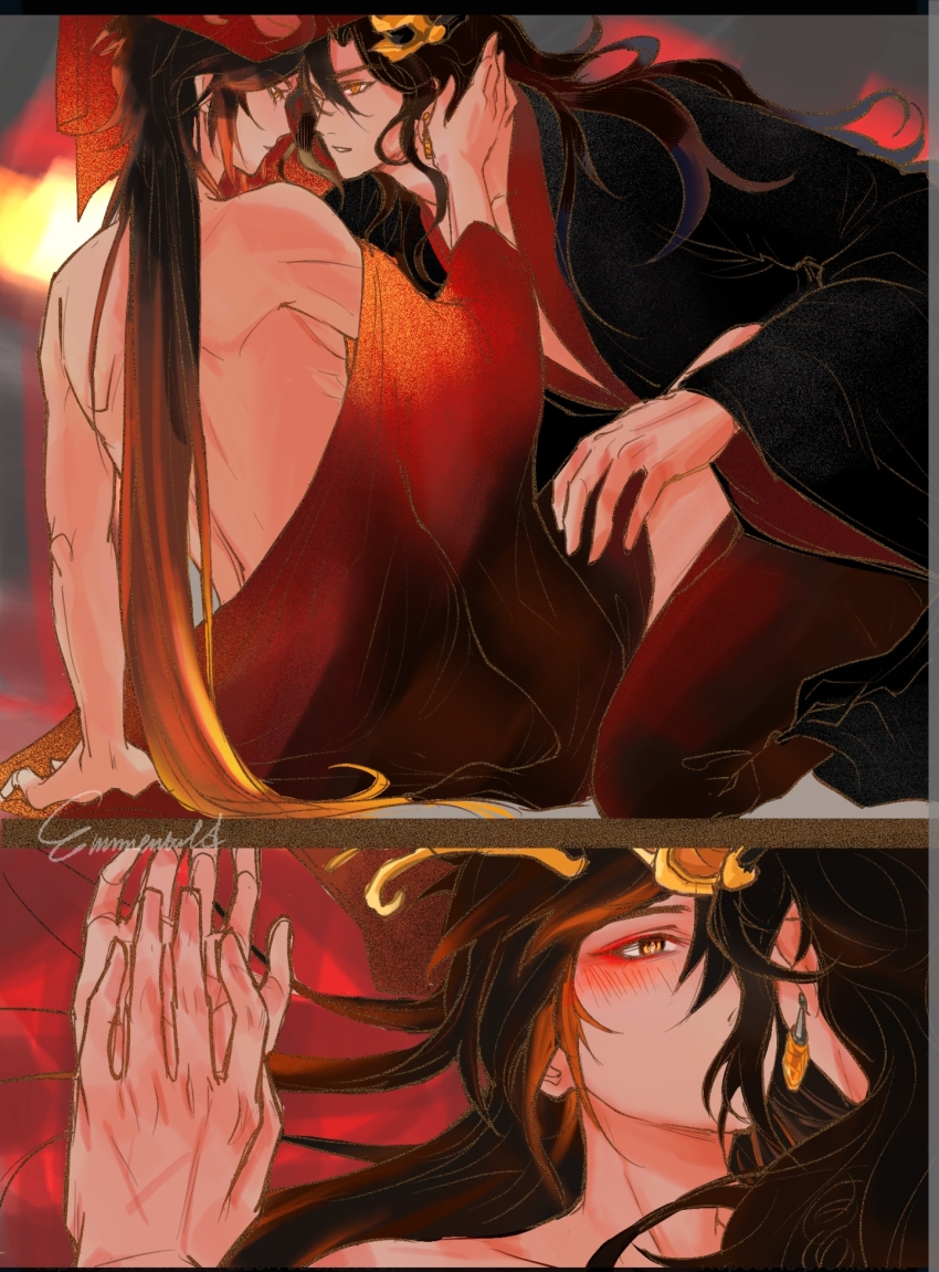 2boys alternate_costume alternate_hairstyle azhdaha_(genshin_impact) blush chinese_clothes dragon_horns emmental17 eyeliner genshin_impact hanfu highres horns intertwined_hands long_hair makeup multiple_boys red_eyeliner red_robe robe wedding_night yaoi zhongli_(genshin_impact)