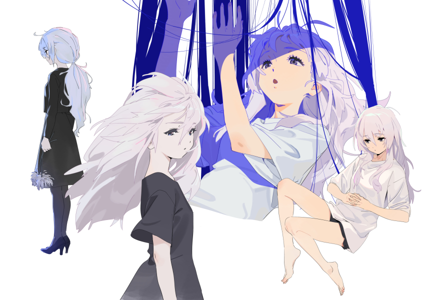 barefoot flower high_heels highres holding holding_flower kamo_kamen kozakura_(urasekai_picnic) looking_back lying ponytail shadow sitting solo standing urasekai_picnic white_hair