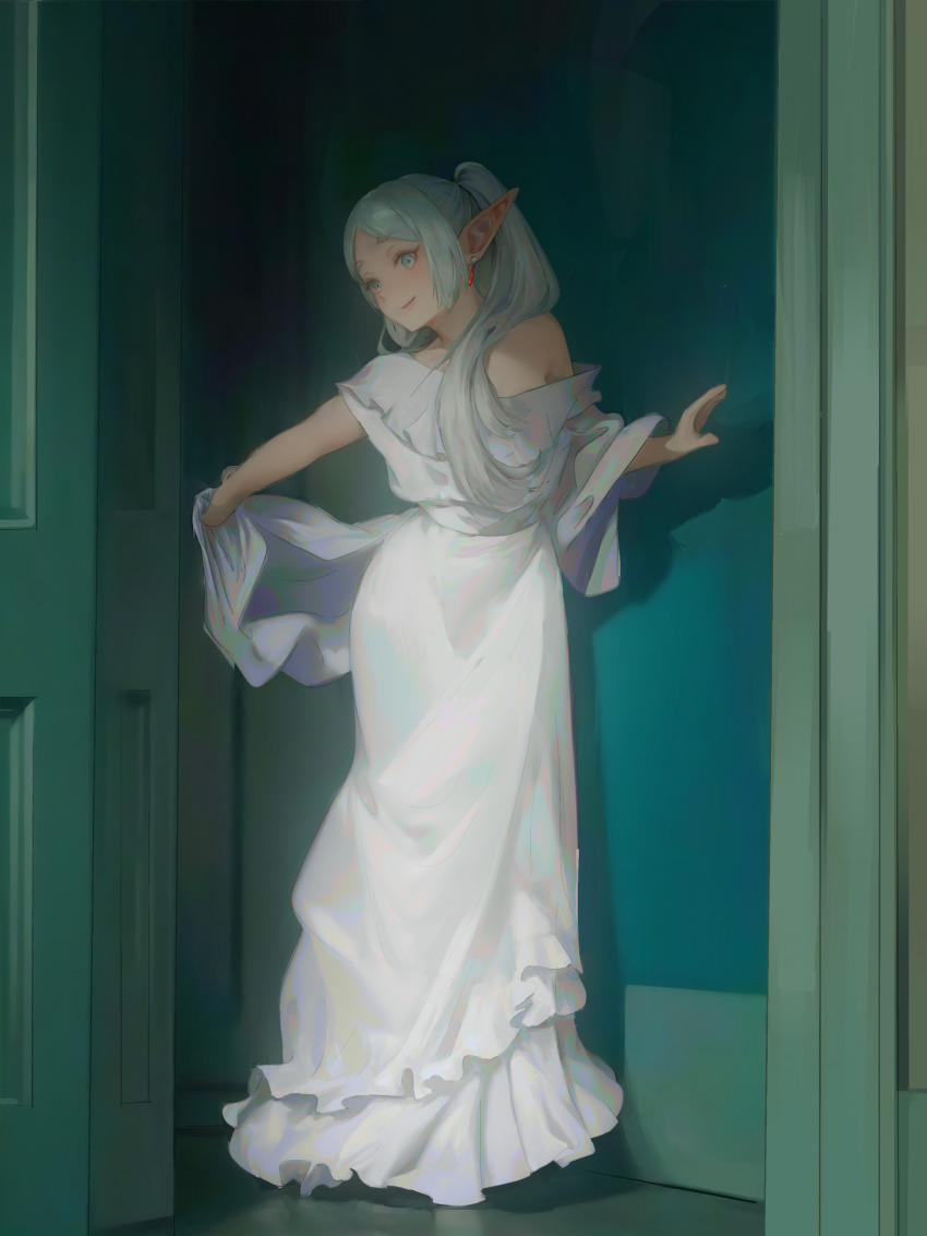 1girl absurdres chinese_commentary commentary_request cropped door dress elf frieren full_body green_theme highres indoors long_dress making-of_available movie_reference off_shoulder open_door pointy_ears shawl solo sousou_no_frieren standing the_secret_garden_(2020_movie) twintails watermark weibo_watermark white_dress white_hair yao_liao_wang