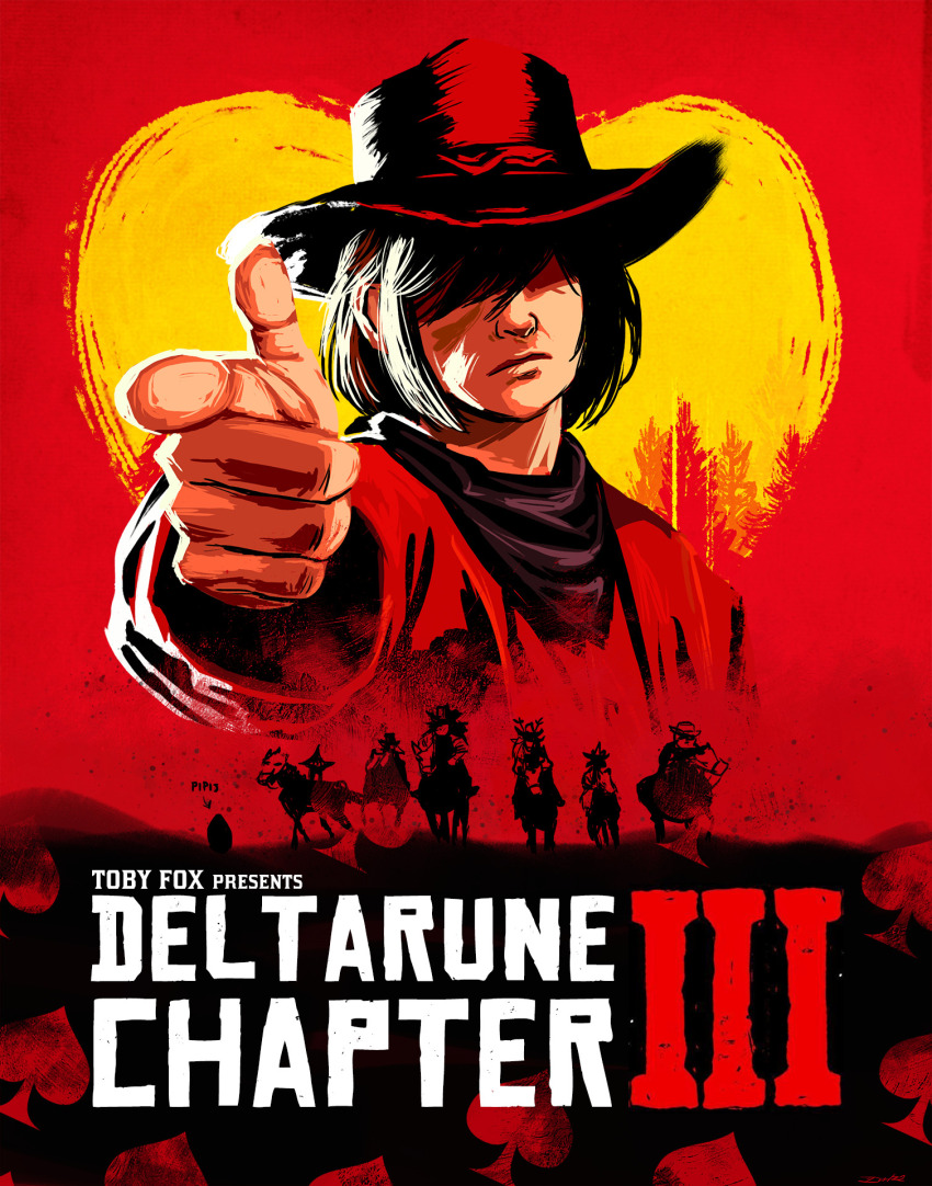 1other angusburgers berdly_(deltarune) bob_cut closed_mouth copyright_name cowboy_hat deltarune hair_over_eyes hat highres horse kris_(deltarune) meme noelle_holiday parody pipis_(deltarune) pointing pointing_at_viewer red_background red_dead_redemption_(series) red_dead_redemption_2 spade_(shape) stretched_berdly_(meme) susie_(deltarune) swept_bangs the_original_starwalker upper_body